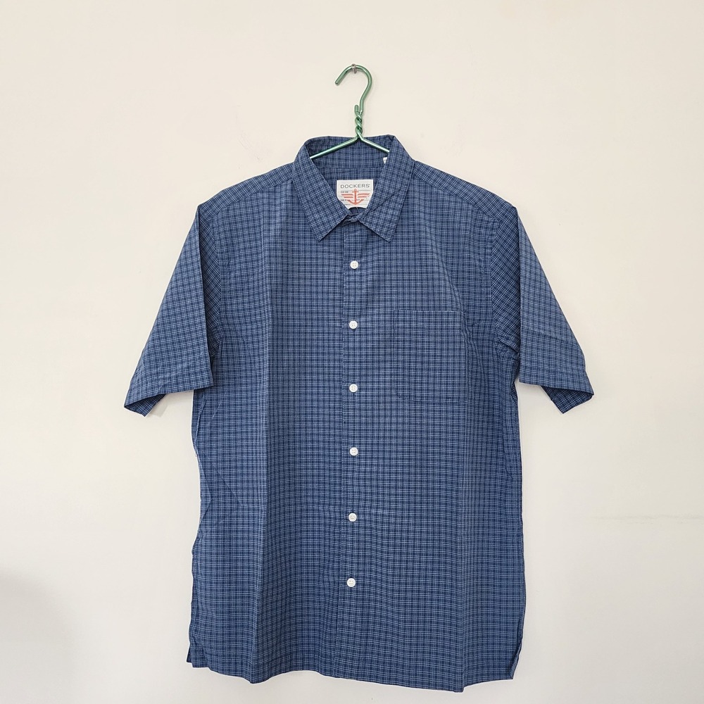 Dockers Mens Blue Grid Short Sleeve‎ Button Down Shirt Large Cotton Blend Pocket